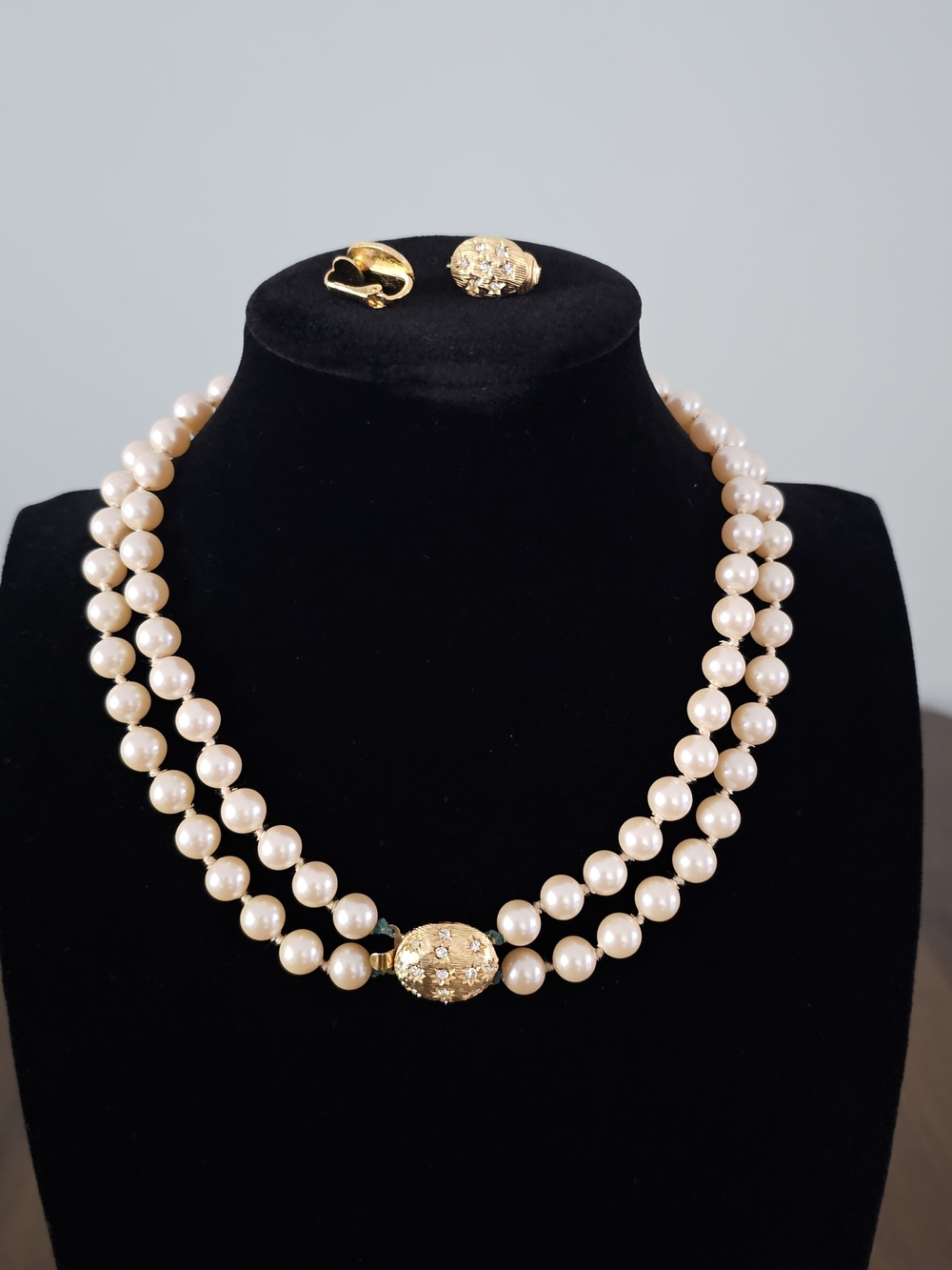 Vintage Laguna Double-Strand Simulated Pearl Necklace + Matching Earrings